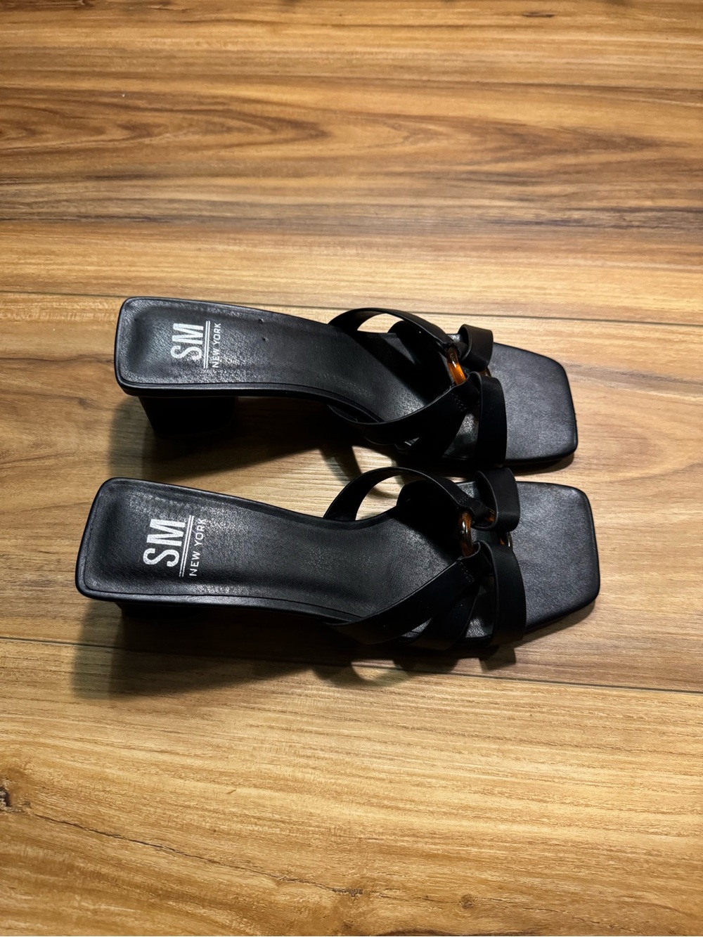 SM New York Black Strappy Square-Toe Block Heel Mules with Tortoiseshell Accent